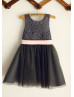 Dark Gray Lace Tulle Slit Open Back Flower Girl Dress